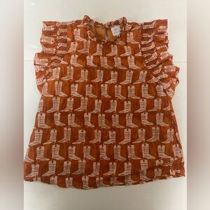 J. MARIE WOMEN'S DIXIE RUFFLE SLEEVE TOP All-Over Cowboy Boot Print XS